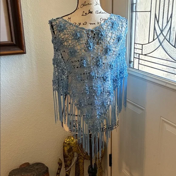 Stunning Blue Crochet Fringe Shawl with Rose Pattern, Fringes & Tiny Beads - Picture 3 of 4